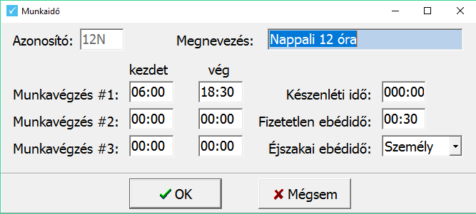 Munkaidő adat törzs Meg kell adni egy azonosítót, amely alapján a munkarend törzsadatban, vagy a beosztás adatok rögzítésekor a munkaidő kiválasztható.