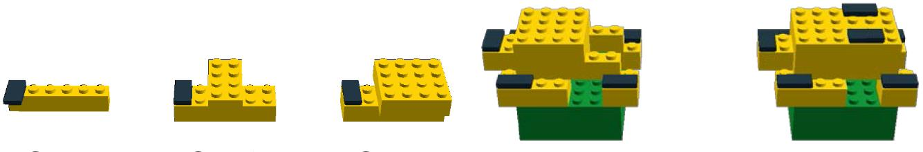 4 kék kocka 4 kék 2X4 LEGO kockából 1. lépés 2. lépés 3.