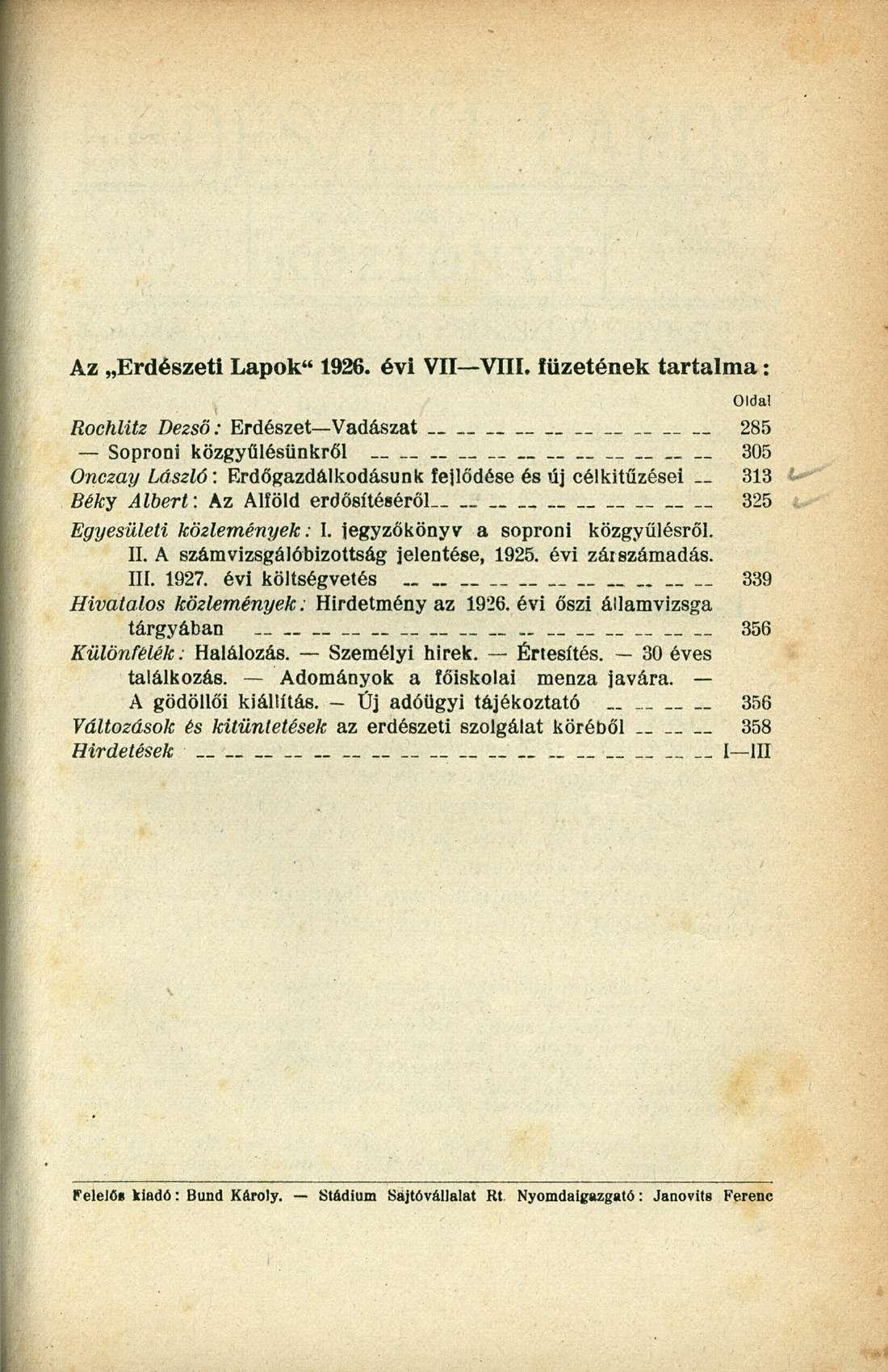 Az Erdészeti Lapok" 1926. évi VII VIII. füzetének tartalma: Olda!