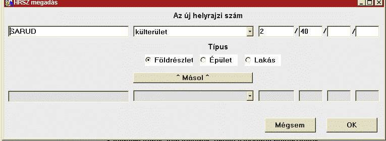 részén az első sorban állva az F6 vagy a + ikon segítségével kiválasztható az ingatlan, melynek (még üres) tulajdoni lapja aszerint jelenik meg, hogy földrészletet, épület