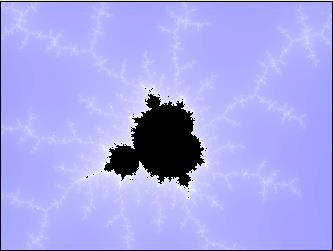 10. ábra x=-0,1336, y=-0,9825, x=0,0116468 paraméterekkel jellemzett területen látható része a teljes Mandelbrot-halmaznak két fajta kirajzolás mellett, bal panel: kis felbontás, maximális