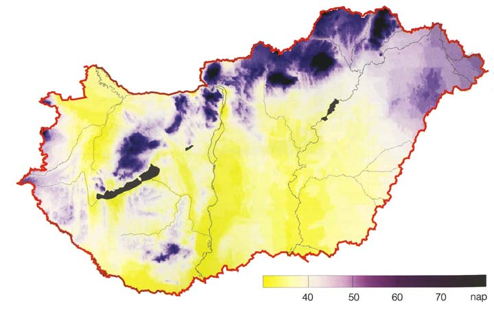 Hótakarós nap: hótakaró található a felszínen Hótakarós s napok évi száma [nap] Magyarország éghajlati beosztása