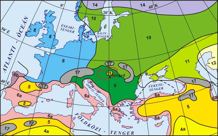 éghajlat; () enyhe telű óceáni éghajlat; (9) nedves kontinentális éghajlat hosszabb meleg évszakkal; (10) nedves