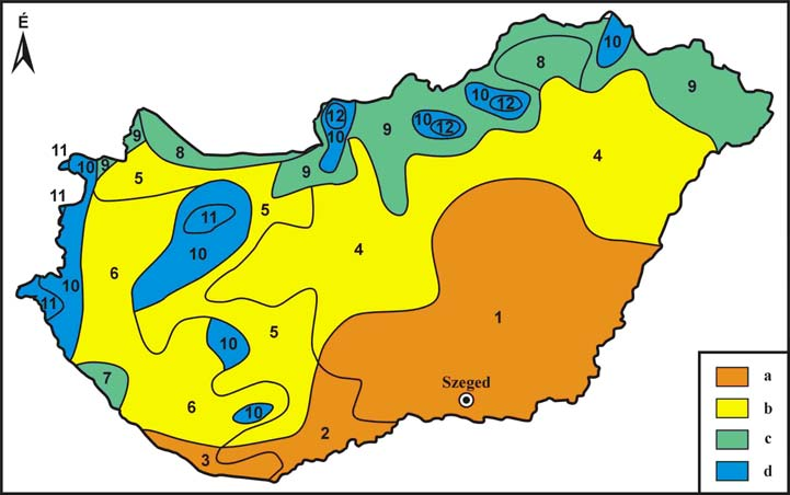 Vízellátottság Alapja az ariditási index: Magyarország éghajlati körzetei H Q * = L p Q* - sugárzási mérleg, hazánkban átlagosan: 160 MJm - 2 év - 1, ezért H p - a csapadék átlagos évi összege v =, 5