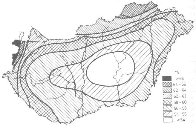 (3) Felhőzet A felhőzet mennyiségének évi átlaga: Mosonmagyaróváron: 61% Kékestetőn: 53% A felhőzet évi átlagos aránya Magyarországon gon [%] (Péczely) (4) Légáramlás Mosonmagyaróvár Szombathely