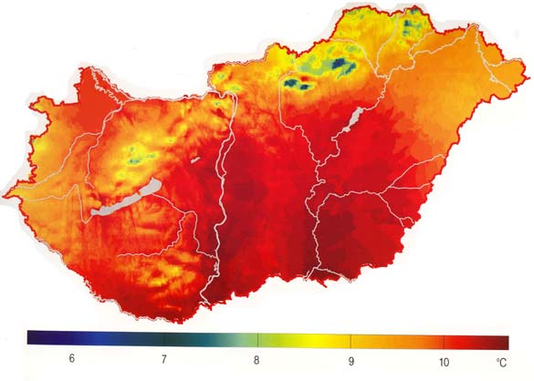 (5)) A levegő hőmérséklete A léghőmérséklet évi középértéke (1961-1990) 1990) Kékestetőn: 5,4 C Mosonmagyaróváron: 9, C Szeged: