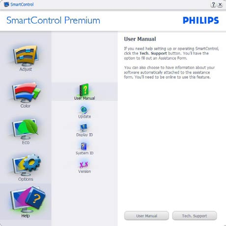 A DDC/CI funkcióval felszerelt, de nem támogatott megjelenítőn kizárólag a Help (Súgó) és Options (Lehetőségek) fülek elérhetők.