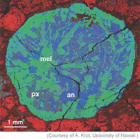 Meteoritok - osztályozás Kondritok: : szenes kondritok Refraktórikus zárványok: mm-cm nagyságúak, nem tartalmaznak illó elemeket.