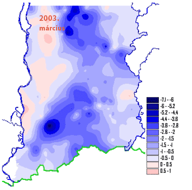 Globális éghajlatváltozás a XXI. század nagy kihívása? Felső ábra: A talajvízszint változás mértéke 2003-ban a Duna-Tisza közén az 1971-75 évi átlaghoz viszonyítva Forrás: Rakonczai J.