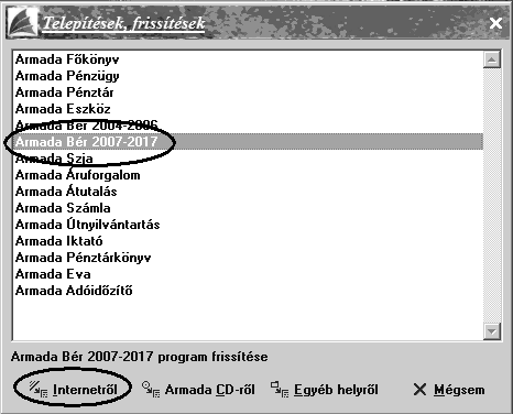Modul és frissítő fájl helyének kiválasztása Válassza ki azt a modult, melyet frissíteni szeretne, majd kattintson az Internetről feliratra!
