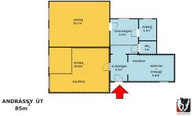 A lakás alapterülete 85nm (+50nm galéria), mely két nagy szobával, egy étkezõs