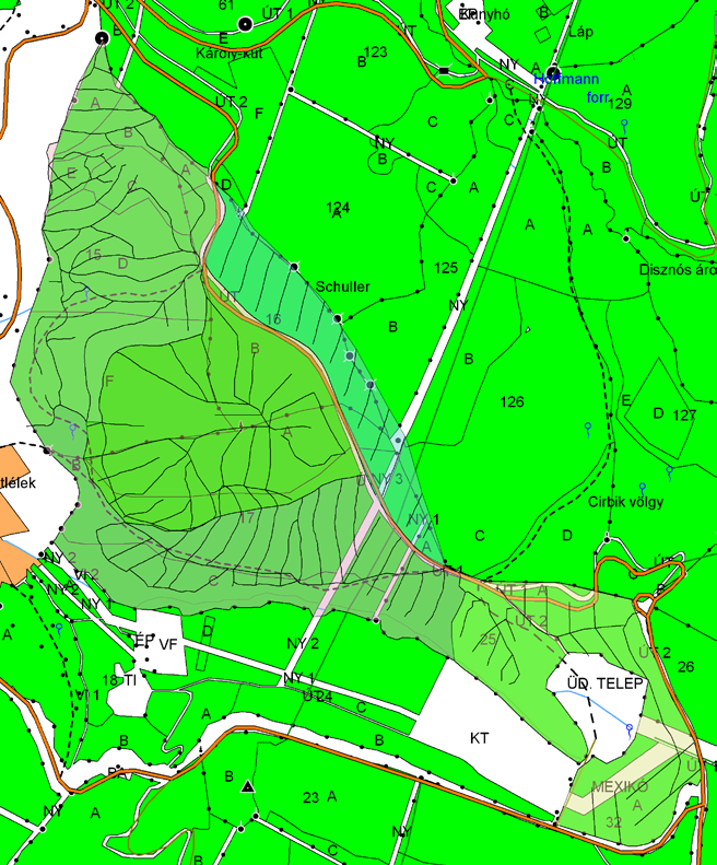 Példa a feltárás fejlesztésére egy szálalóegységben 99,5ha 100ha Meglévő feltártság: Főfeltáró út 1956 fm 19,6 fm/ha Kiszállító út 1180 fm 11,8 fm/ha Meglévő épített közelítő út 3943 fm,