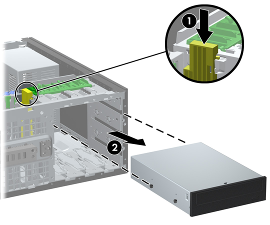 7. A meghajtót a következő módon távolítsa el a meghajtórekeszből: Asztali konfiguráció esetén az 5,25 hüvelykes meghajtó eltávolításához nyomja be a sárga zárszerkezet gombját (1), majd húzza ki a