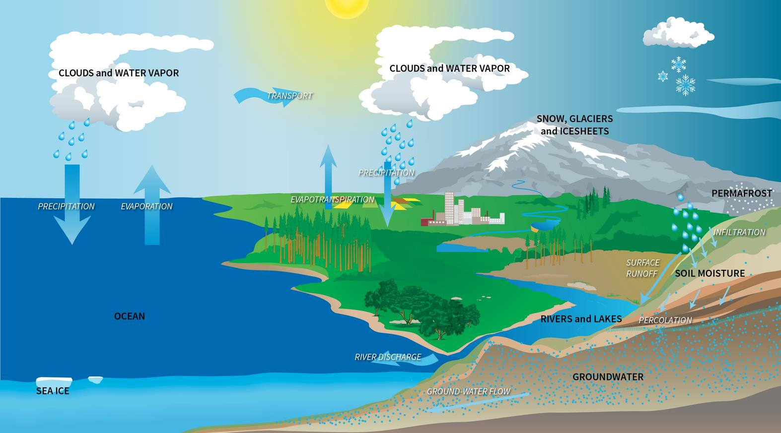 Víz körforgása Felhőelemek, vízgőz Légköri transzport folyamatok Felhőelemek, vízgőz Hó, jég, gleccser csapadék párolgás párolgás csapadék Óceán Folyók és tavak talajnedvesség Tengerjég