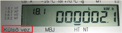 LCD kijelző Mérő típusa Jelentése 12EA5gr, 20EC3gr Kijelzőteszt. 12EA5gr, 20EC3gr HMKE mérőnél az 1.8.1. OBIS kód jelentése: vételezés. A képen látható vételezés esetén az érték 2,1 kwh.