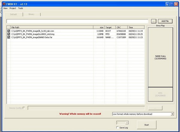 Ezután belölthetjuk az OS-t is (m801_mtd.img) és a gyári ajánlás szerint hajtsuk végre a full firmware frissítést. A telepítés módjánál állítsuk be a Low format whole memory.