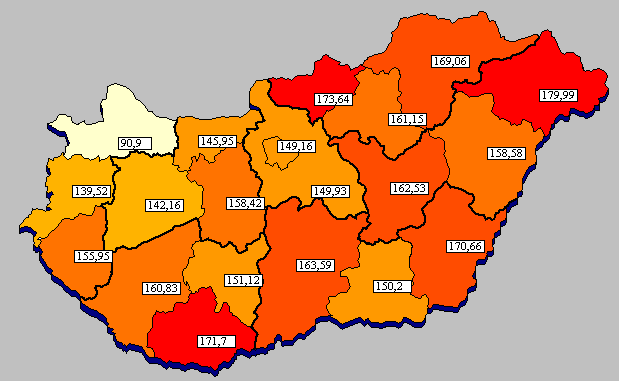 A kórházi ellátás havi teljesítménye 10 ezer lakosra jutó teljes HBCsesetek területi megoszlása a
