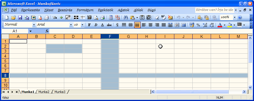 Az Excel ablaka Excel fájl (xls) munkafüzet tartalma tetszőleges számú munkalap egy munkalap 256 betűkkel jelölt oszlopból és 65536 sorszámozott sorból áll A