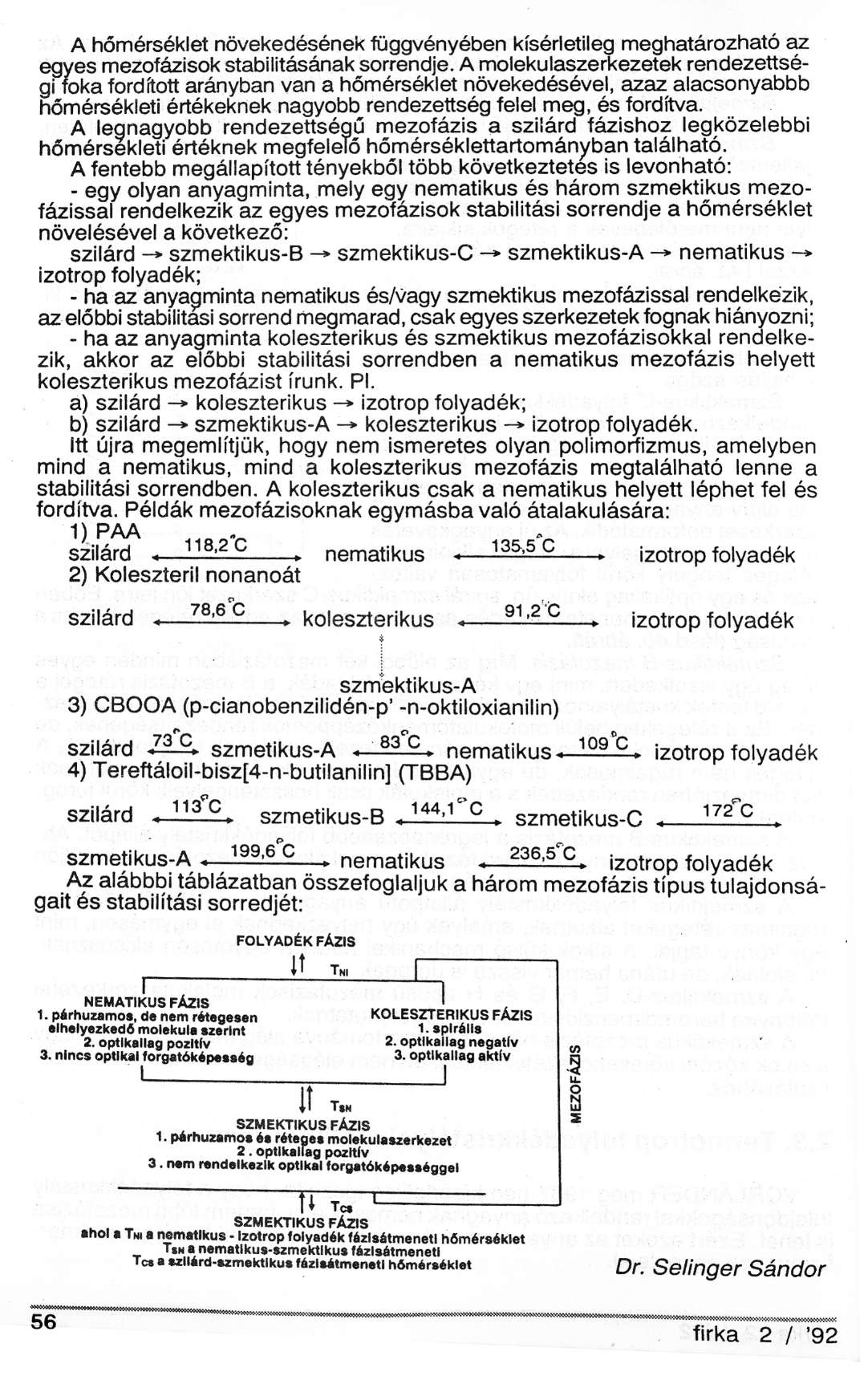A hőmérséklet növekedésének függvényében kísérletileg meghatározható az egyes mezofázisok stabilitásának sorrendje.