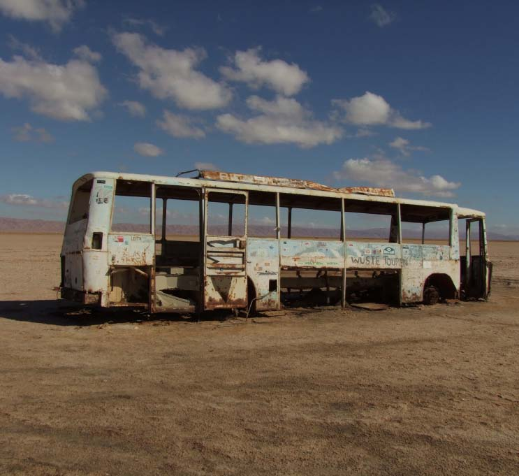 A nagy sóstónál, mint említettem, kétszer is jártunk. Első alkalommal, a szép időben bementünk egy ott ragadt busz romjaihoz. A legmegkapóbb a sivatagban kóborló vadtevék látványa volt.
