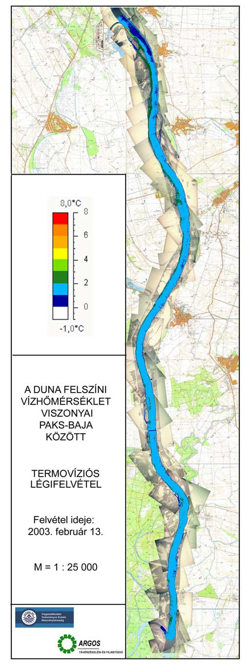 12. ábra A Duna felszíni hőképe Paks-Baja között a 2003.