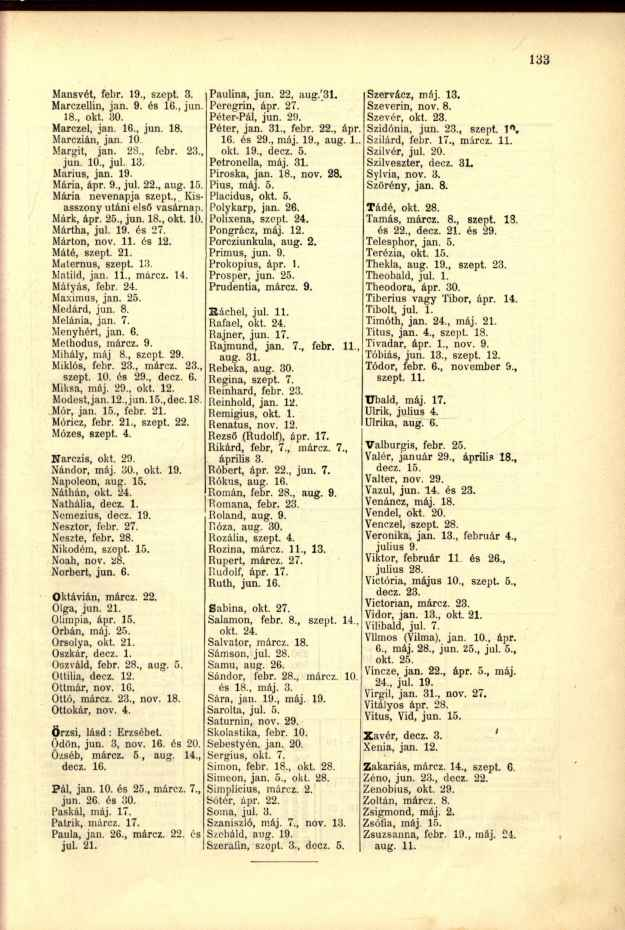 Mansvét, febr. 19., szept. 3. Marczellin, jan. 9. és 16., jun. 18., okt. 30. Marczel, jan. 16., jun. 18. Marczián, jan. 10. Margit, jan. 28., febr. 23., jun. 10., jul. 13. Marius, jan. 19. Mária, ápr.