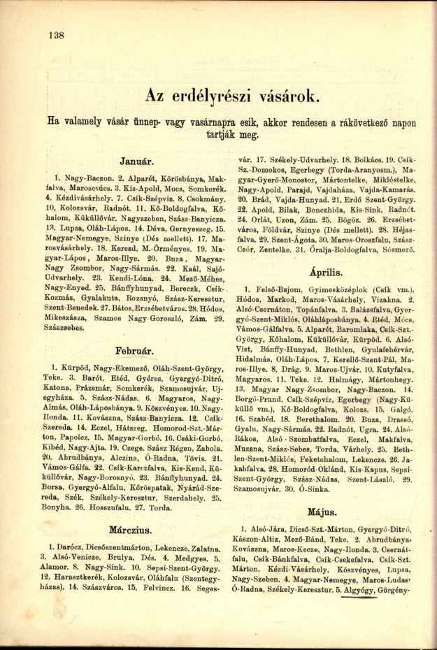 Az erdélyrészi vásárok. Ha valamely vásár ünnep- vagy vasárnapra esik, akkor rendesen a rákövetkező napon tartják meg. Január. 1. Nagy-Baczon. 2. Alparét, Körösbánya, Mak falva, Maroscsúcs. 3.