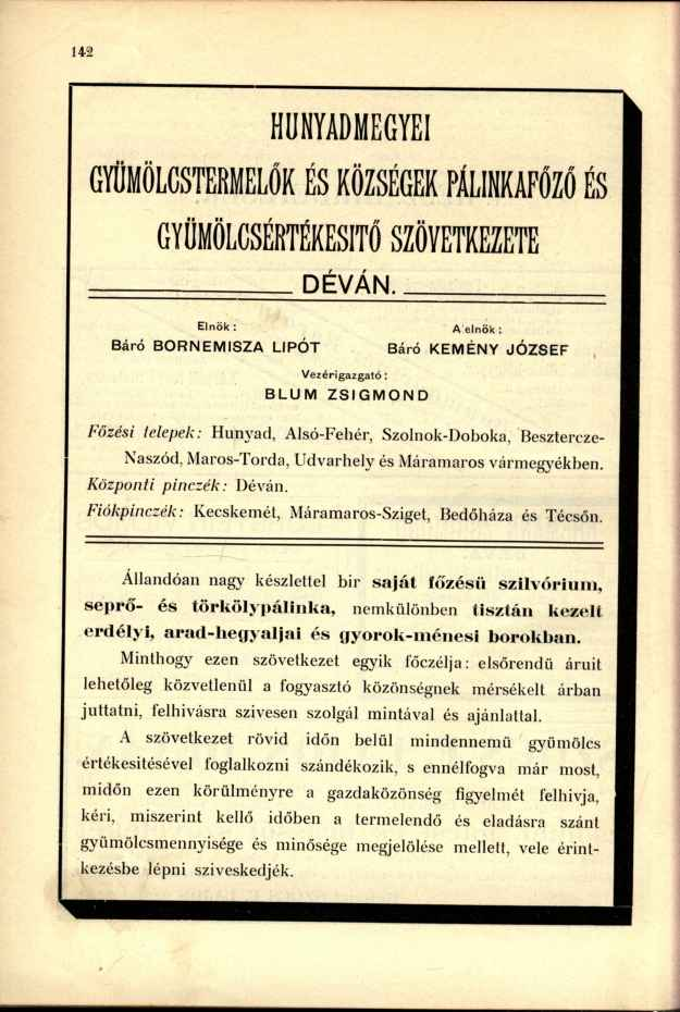 HUNYADMEGYEI GYÜMÖLCSTERMELŐK ÉS KÖZSÉGEK PÁLINKAFŐZŐ ÉS GYÜMÖLGSÉRTÉKESITŐ SZÖVETKEZETE DÉVÁN.