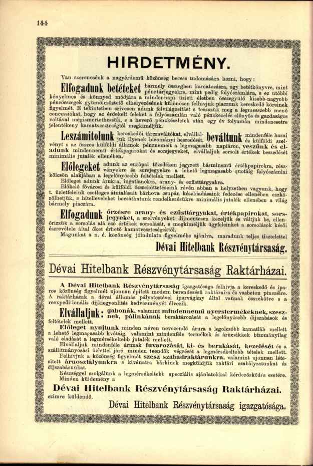 HIRDETMÉNY. Van szerencsénk a nagyérdemű közönség becses tudomására hozni, hogy : i.-'-.