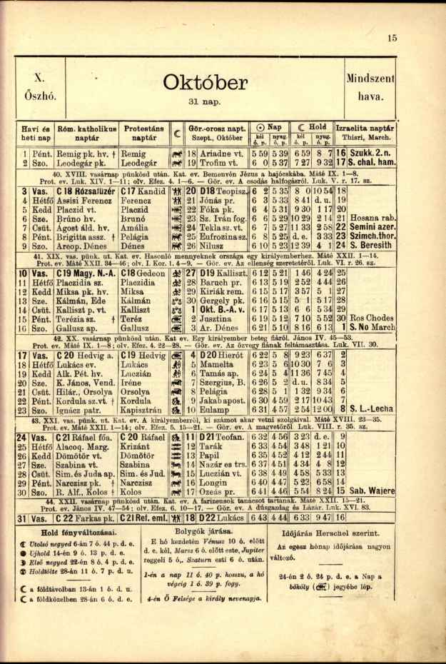 X. Őszhó. Október 31 nap. Mindszent hava. Havi és heti nap 1 2 Pént. Szo. 3 4 5 6 7 8 9 10 11 12 13 14 15 lü 17 18 19 20 21 22 23 24 25 26 27 28 29 30 Vas. Hétfő Kedd Sze. Csüt. Pént. Szo. Róm.