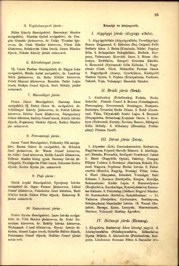 ,*). Vajdahunyadi járás: Hőhn Károly főszolgabíró, Bercsényi Sándor szolgabíró, Bimbás Győző szolgabíró, dr. Drágíts Gusztáv járásorvos, dr. Csiky Tivadar kprorvos, dr.