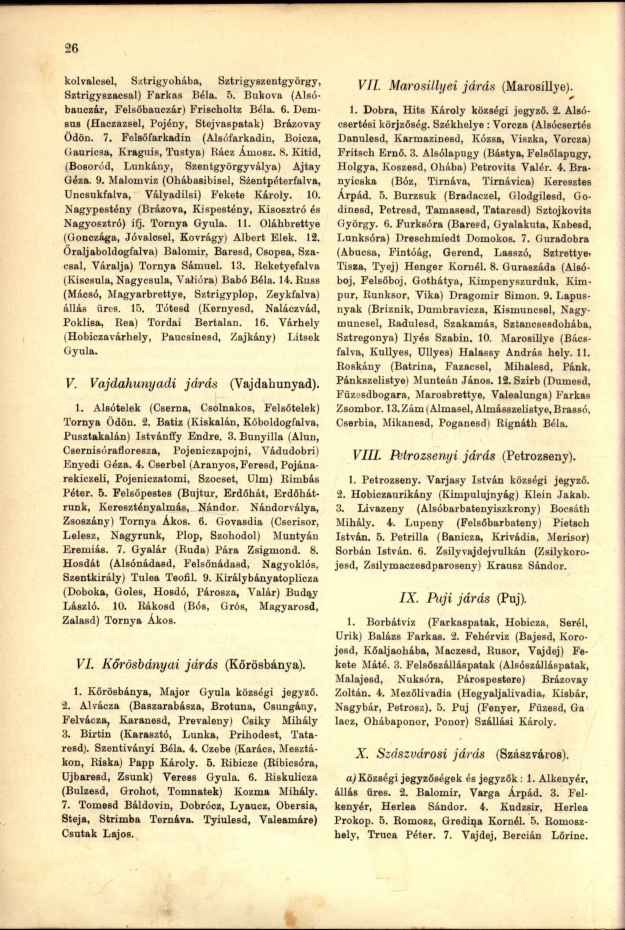 kolvalcsel, Sztrigyohába, Sztrigyszentgyörgy, Sztrigyszacsal) Farkas Béla. 5. Bukova (Alsóbauczár, Felsőbauczár) Frischoltz Béla. 6. Demsus (Haczazsel, Pojény, Stejvaspatak) Brázovay Ödön. 7.