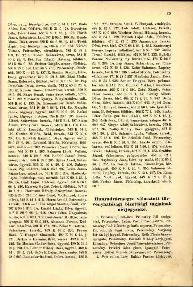 Déva, nyug. főszolgabíró, 512 K 41 f. 177. Buda Ádám, Bea, földbirt., 591 K 31 f. 178. Borostyán Béla, Déva, tanár, 588 K 60 f. 16.. 179. Harth János, Szászváros, ker., 587 K 94 f. 180. Dr.