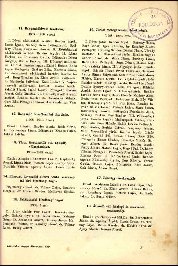 11. Bányaadókivető bizottság. (1908 1910. évre.) I. Dévai adóhivatali kerület. Rendes tagok: Imets Ignác, Naláczy Géza. Póttagok : dr. Szöllősy János, Segesvári János. II.