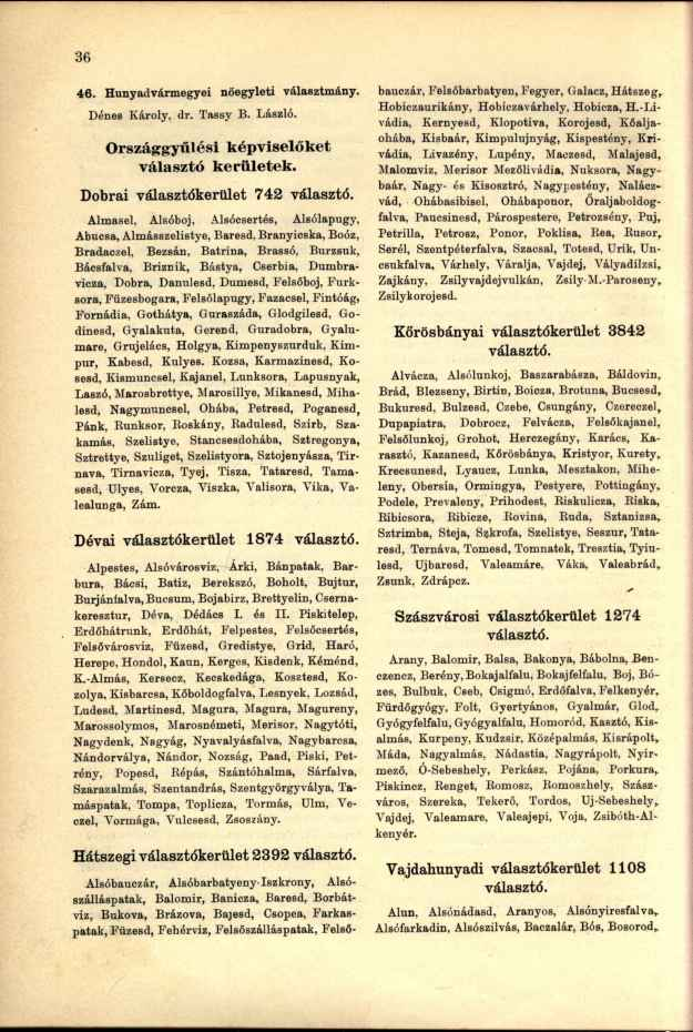 46. Hunyadvármegyei nőegyleti választmány. Dénes Károly, dr. Tassy B. László. Országgyűlési képviselőket választó kerületek. Dobrai választókerület 742 választó.