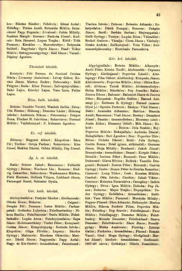 kos : Siketes Sándor; Fehérvíz : Rónai Antal; Hátsleg: Pintea Aurél, Szimzián Miklós, Szimziánné Papp Eugénia ; Jóvalcsel: Jubás Mihály, Szakács Margit: Kersecz: Paskota József; Kudzsir : Bria