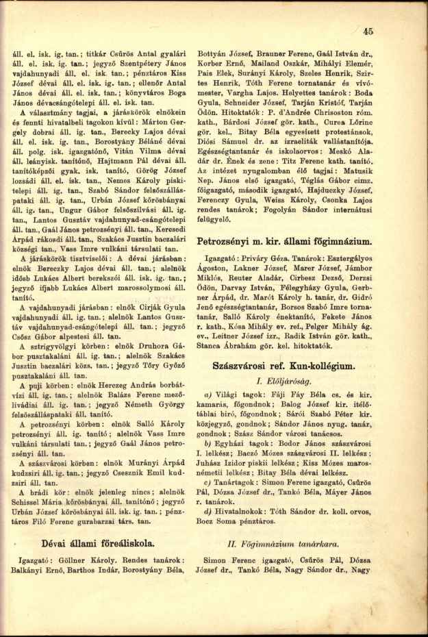 áll. el. isk. ig. tan.; titkár Csűrös Antal gyalári áll. el. isk. ig. tan.; jegyző Szentpétery János vajdahunyadi áll. el. isk. tan.; pénztáros Kiss József dévai áll. el. isk. ig. tan.; ellenőr Antal János dévai áll.