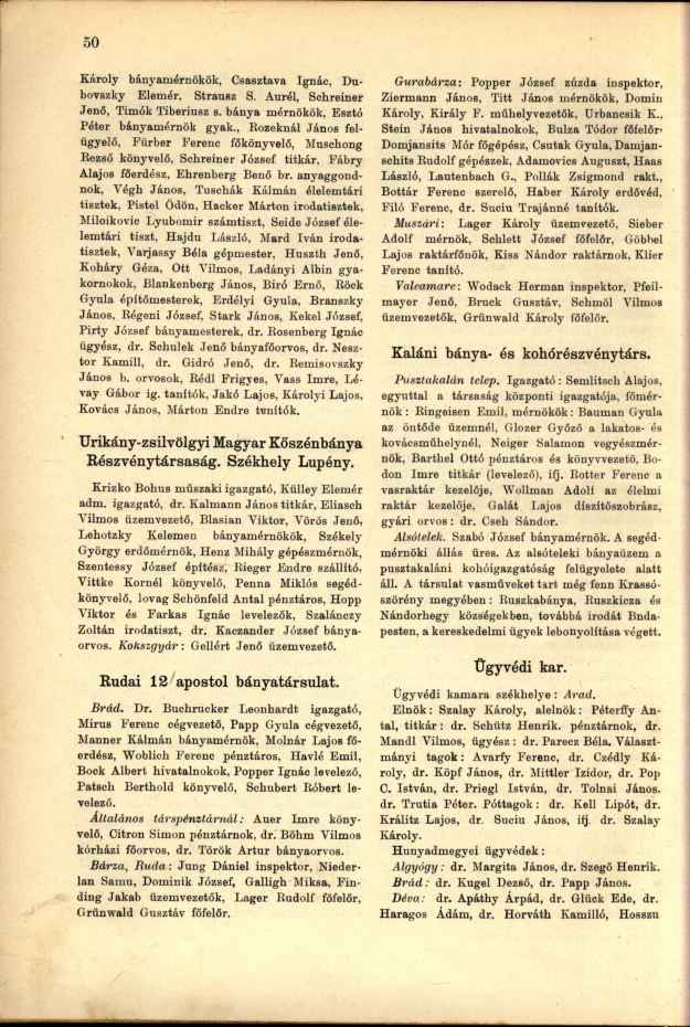 Károly bányamérnökök, Csasztava Ignác, Dubovszky Elemér, Strausz S. Aurél, Schreiner Jenő, Timók Tiberiusz s. bánya mérnökök, Esztó Péter bányamérnök gyak.