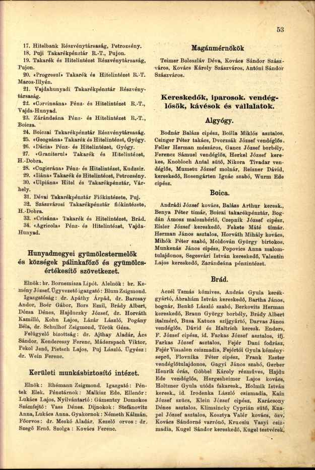 17. Hitelbank Részvénytársaság, Petrozsény. 18. Puji Takarékpénztár R.-T., Pujon. 19. Takarék és Hitelintézet Részvénytársaság, Pujon. 20. «Progresul» Takarék és Hitelintézet R.-T. Maros-Illyén. 21.