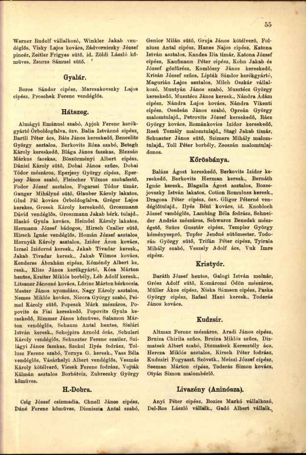 Werner Rudolf vállalkozó, Winkler Jakab vendéglős, Visky Lajos kovács, Zádvorniczky József pincér, Zeitler Frigyes sütő, id. Zöldi László kőműves, Zsurzs Sámuel sütő. Gyalár.
