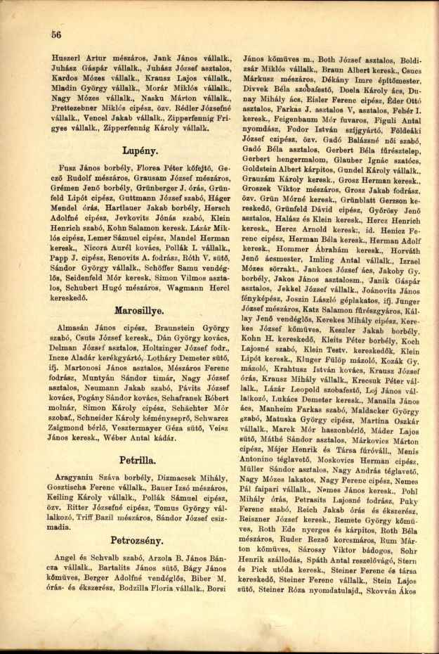 Huszerl Artúr mészáros, Jank János vállaik., János kőműves m., Both József asztalos, Boldizsár Miklós vállaik., Braun Albert keresk., Csúcs Juhász Gáspár vállaik.