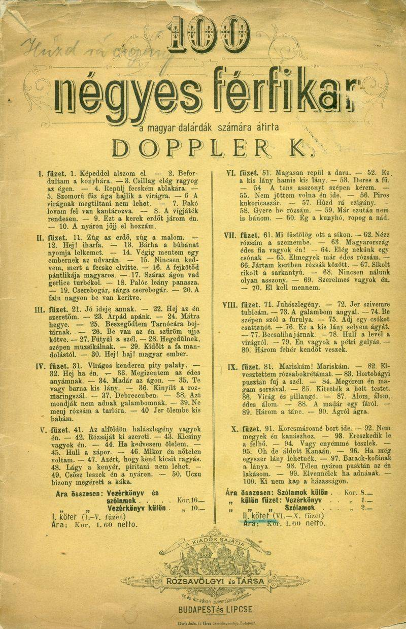 10. Doppler Károly [átdolg.]: 100 négyes férfikar. A magyar dalárdák számára átírta Doppler K. II. kötet (VI-X.