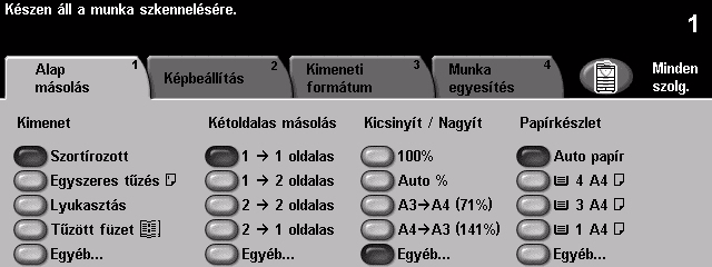 1 2 oldalas, 2. oldal elforgatva Ezzel a lehetőséggel egyoldalas eredetikről kétoldalas másolatok készülnek, és a gép minden második oldal képét elforgatja.