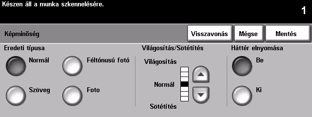 Képminőség Ezzel a lehetőséggel javíthatja a másolat minőségét. Opciók: Eredeti típusa Ezzel a lehetőséggel a beszkennelt eredeti típusának megfelelően javíthatja a másolat minőségét.
