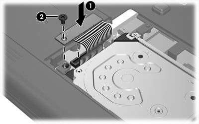 3. Helyezze vissza a merevlemez kábelcsatlakozóját rögzítő csavart (2). 4. Tegye vissza ki a merevlemezt rögzítő kapcsot (1). 5.