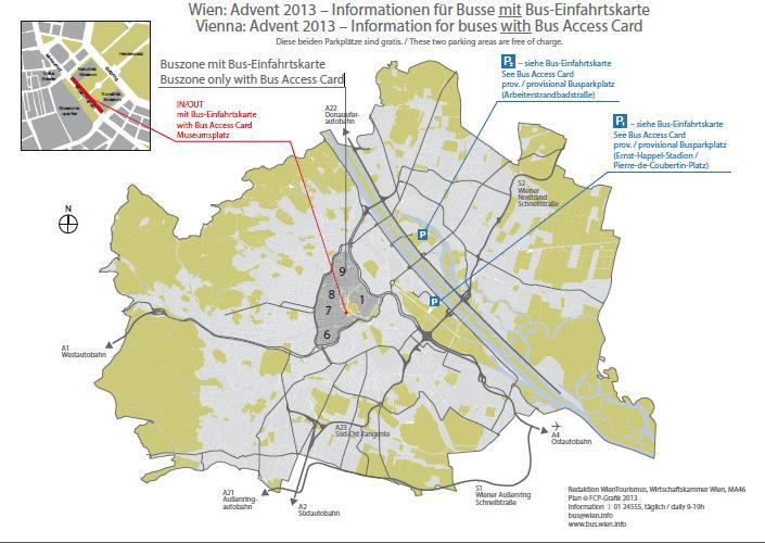 A 2014-es adventi időszakra vonatkozó szabályozások részletei: Bécsbe történő behajtás, behajtási engedéllyel Ez a zóna kizárólag adventi szombatokon van érvényben: 2014 november 29., december 6.
