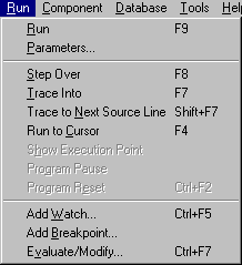 A Run menü Run: Futtatja a programot. Ha a program szövege megváltozott, akkor elıbb automatikus fordításra és szerkesztésre kerül sor (jegyezzük meg az F9 billentyőt!).