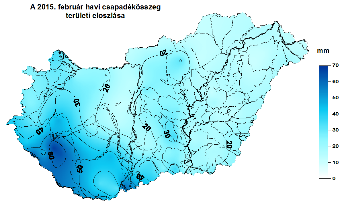 1. HELYZETÉRTÉKELÉS Csapadék 2015 februárjában a rendelkezésre álló adatok szerint az ország területére lehullott csapadék mennyisége 10 mm (Ráckeve) és 68 mm (Zalakomár) között alakult, az országos