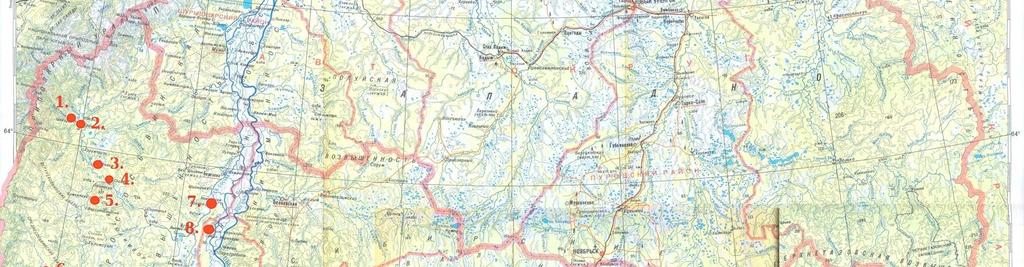 Manysi nyelvtanítás az alternatív és közoktatási intézményekben 71 1. térkép: Manysi osztályt is működtető közoktatási intézmények a Hanti-Manysi Autonóm Körzetben. 1. Sekurja (oroszul: Щекурья), 2.