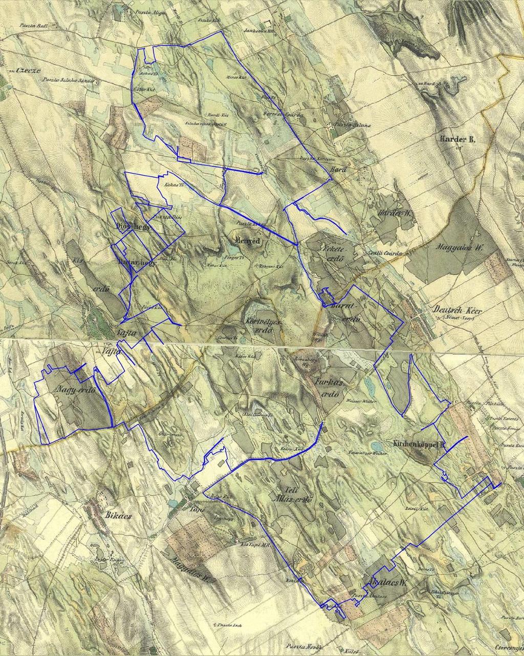 A Tengelici-homokvidék tájhasználata a XIX. század második felében. A Natura 2000 terület határát kék vonal jelöli. (A Második Katonai Felmérés térképszelvényei alapján).